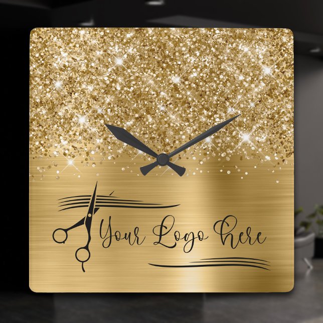 Your Logo Glittery Gold Glam Square Wall Clock (Gold Glitter and Foil Logo Square Wall Clock)