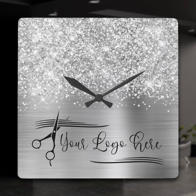 Your Logo Glittery Silver Glam Square Wall Clock (Your Logo Glittery Silver Glam Square Wall Clock)
