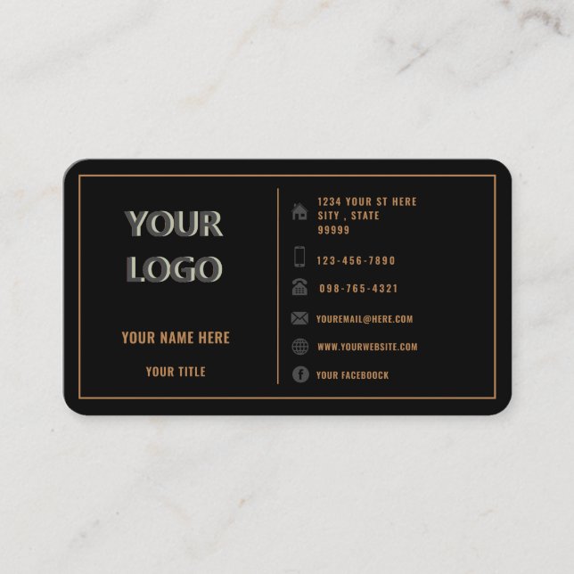 Your Logo Gold Frame and Text Golden Black Luxury Business Card (Front)