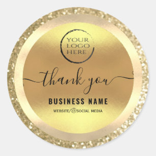 Your logo gold glittery script thank you business classic round sticker