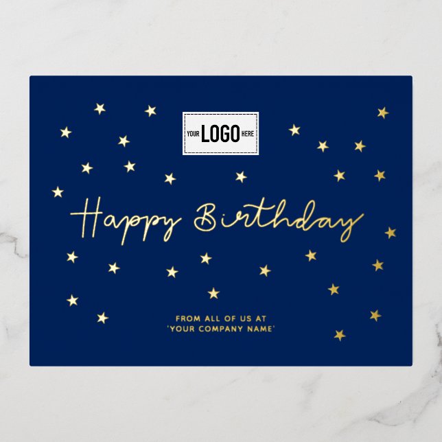 Your Logo Gold Stars Navy Blue Business Birthday Foil Holiday Postcard (Front)