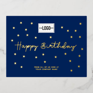Your Logo Gold Stars Navy Blue Business Birthday Foil Holiday Postcard