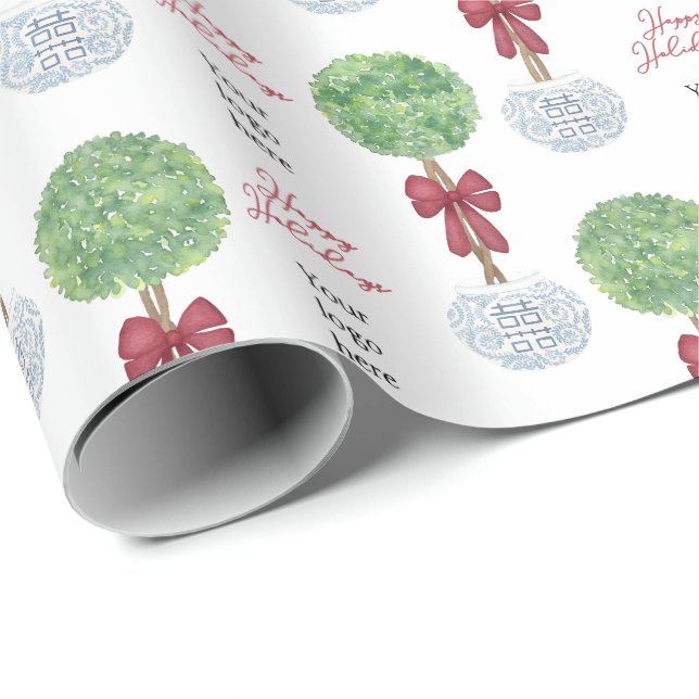 Your Logo Happy Holidays Christmas Boxwood Topiary Wrapping Paper (Roll Corner)