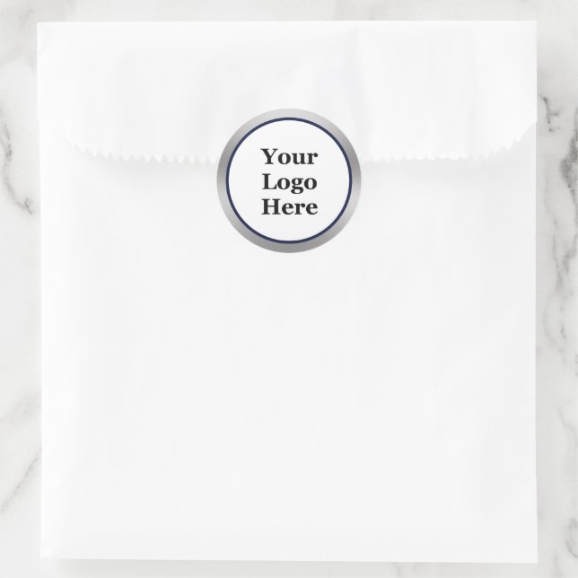 Your Logo Here Dark Blue Silver and White Template Classic Round Sticker (Bag)