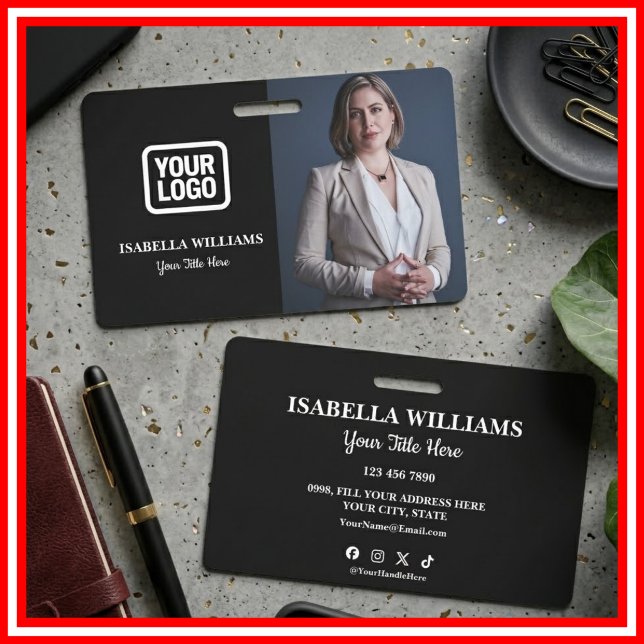 Your Logo Here Modern Black Photo Staff Name ID Badge (Creator Uploaded)