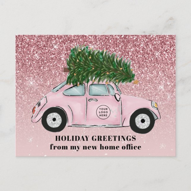 Your Logo Here Pink Car Christmas Tree Office Move Announcement Postcard (Front)