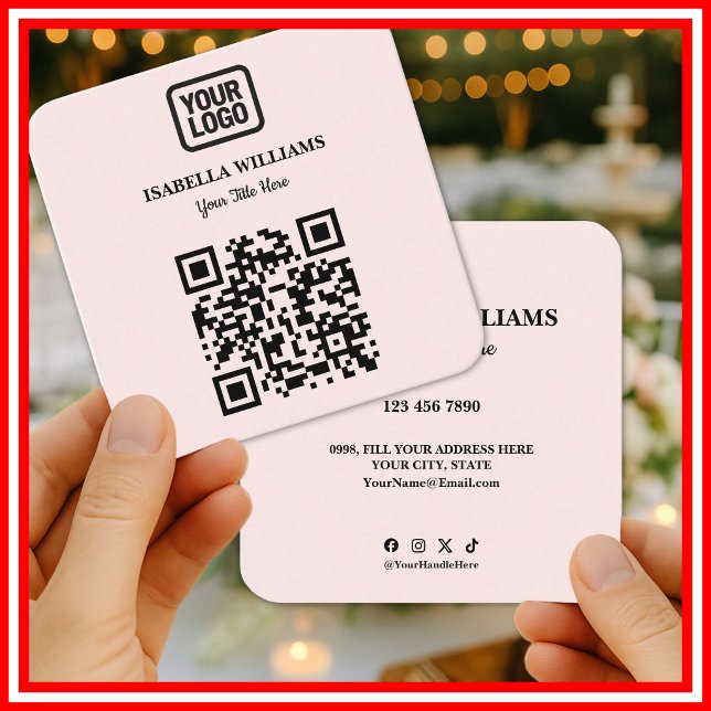 Your Logo Here Simple Modern Pink Website QR Code Square Business Card (Creator Uploaded)