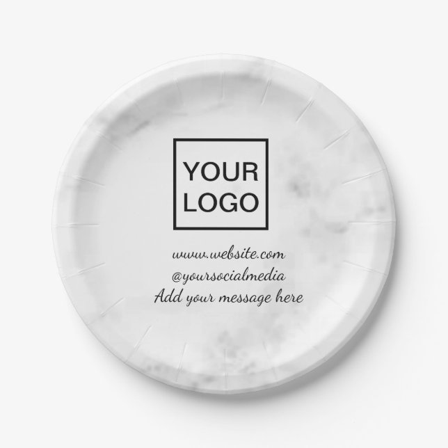Your logo here white simple minimal PINK MARBLE  P Paper Plate (Front)
