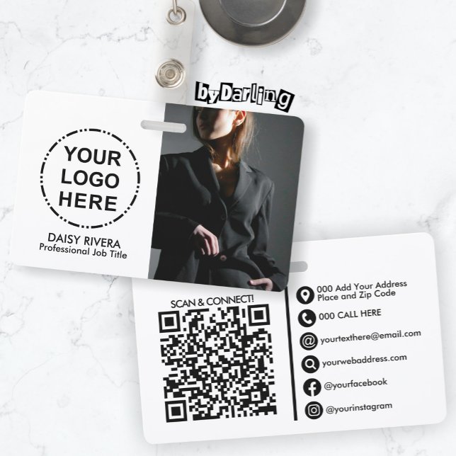 Your Logo & Image Minimalist Modern QR Code ID Badge (Logo & Image Modern QR Code ID Badge -Photos(Unsplash): AnhelinaOsaulenko(suit) AugustineWong(table))