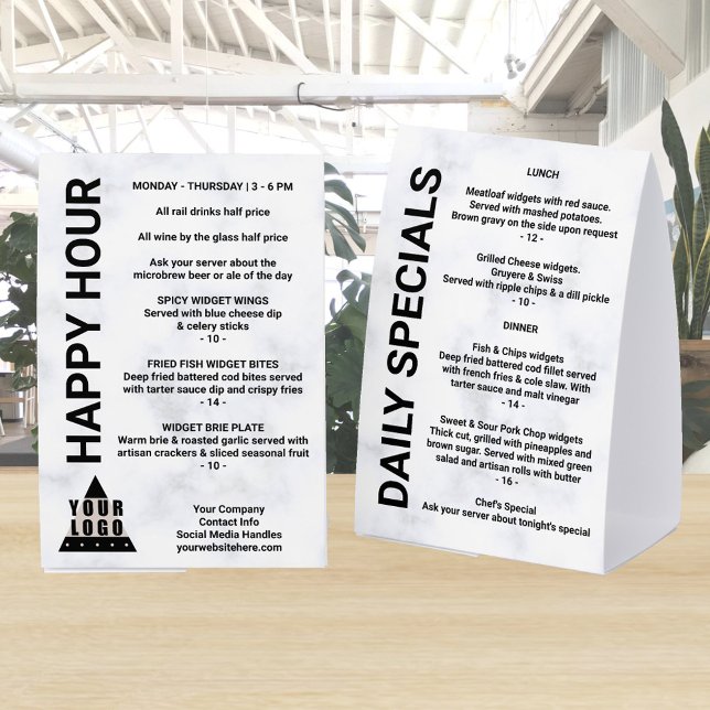 Your Logo Marble 4x6 Promotion Single Column List (Gray marble warms up the modern layout for your 4 x 6 paper table tents for menus price lists & more)