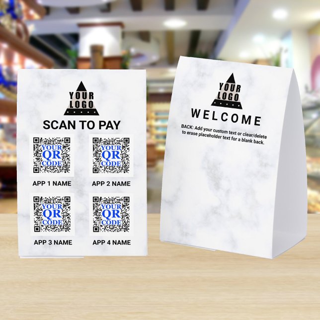 Your Logo Marble 4x6 QR Code 4 Apps Scan To Pay (These marble look Scan To Pay QR code 4 x 6 paper table tents are easy to personalize)