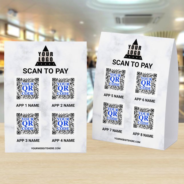 Your Logo Marble 5x7 QR Code 8 Apps Scan To Pay (Add up to 8 apps QR codes to your 5 x 7 paper table tents and give more scan to pay choices)