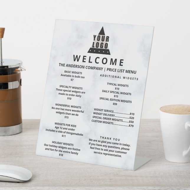 Your Logo Marble Promo Price List 2 Column Large Pedestal Sign (In SItu)