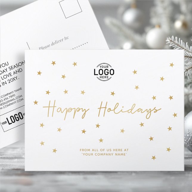 Your Logo Minimalist Gold Stars Business Holidays Holiday Postcard (Creator Uploaded)