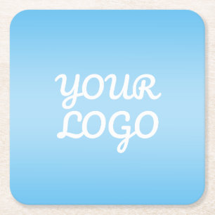 Your Logo & Modern Simple Ombre Light Blue Square Paper Coaster