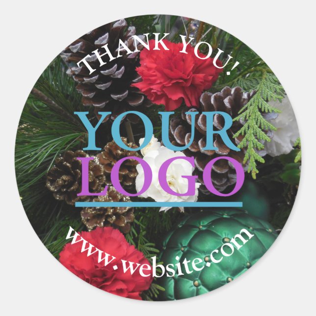 Your Logo, Name & Website Promo | Christmas Classic Round Sticker (Front)