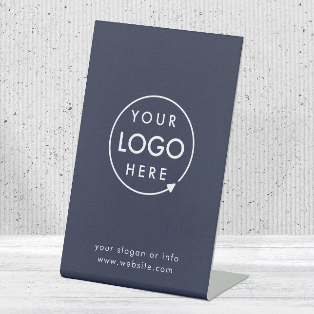 Your Logo | Navy Blue Business Corporate Pedestal Sign (Navy blue company branded professional tabletop signs for small business promotion.)