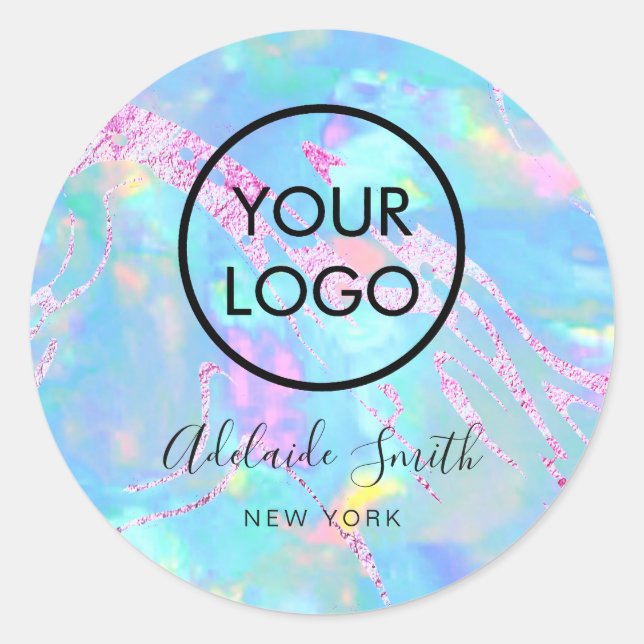 your logo on aqua opal   classic round sticker (Front)