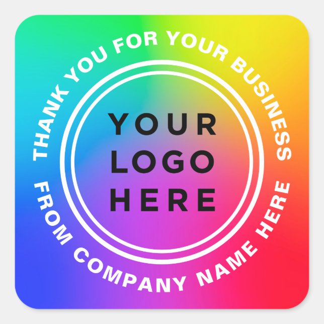 Your Logo on Rainbow Colours Thank you Eyecatching Square Sticker (Front)