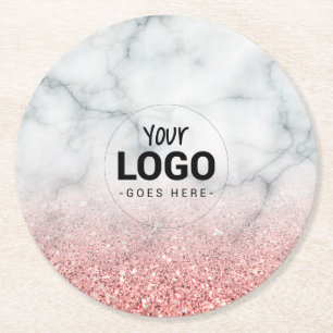 your logo on rose gold glitter white marble stone round paper coaster