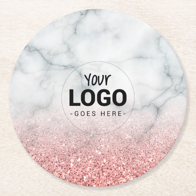 your logo on rose gold glitter white marble stone round paper coaster (Front)