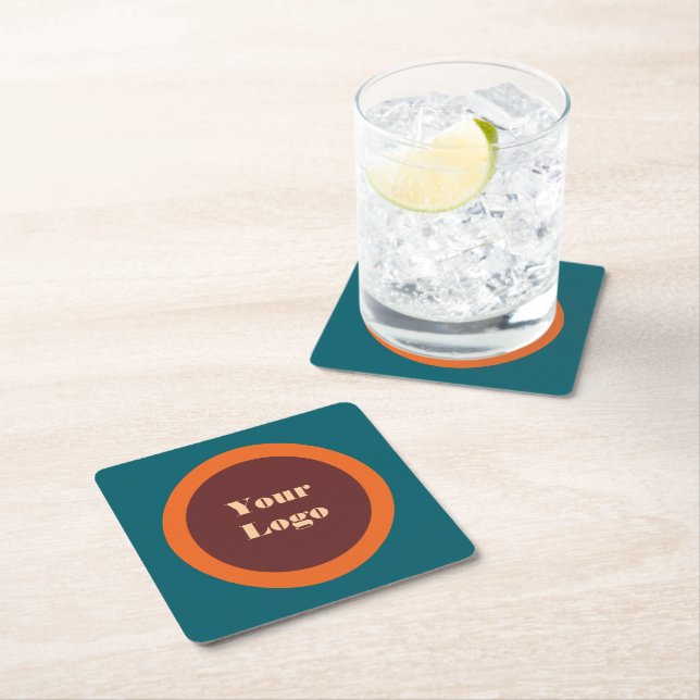 Your Logo Orange  Brown Teal  Square Paper Coaster (Insitu)