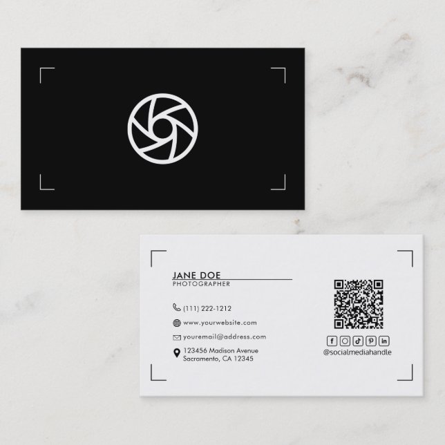 Your Logo Photography Brackets Black White Modern Business Card (Front/Back)