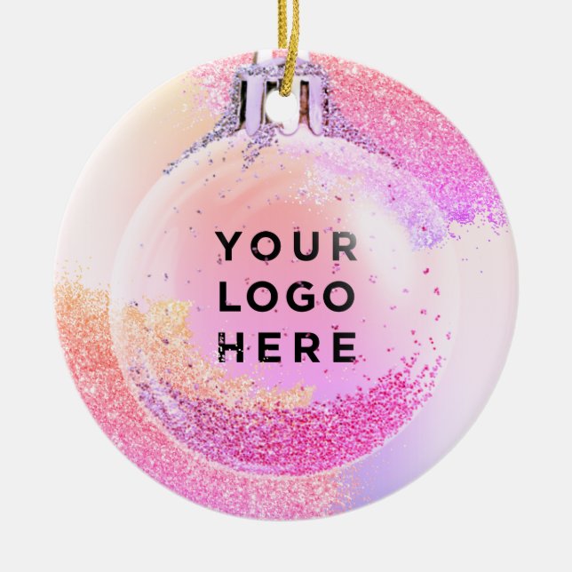 Your Logo Pink Girly Glitter Christmas Ceramic Ornament (Front)