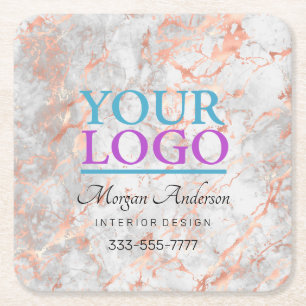 Your Logo, Promote Your Business, Rose Gold Marble Square Paper Coaster