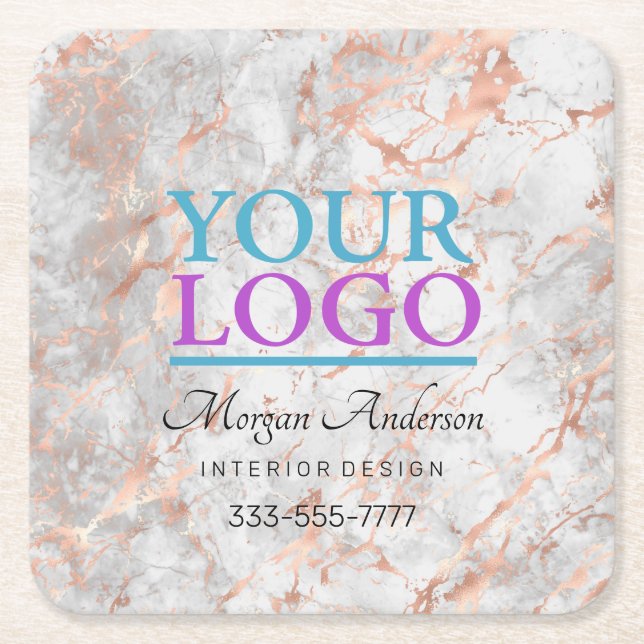 Your Logo, Promote Your Business, Rose Gold Marble Square Paper Coaster (Front)