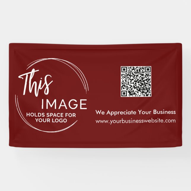 Your Logo & QR Code Business Promo Burgundy Red Banner (Horizontal)