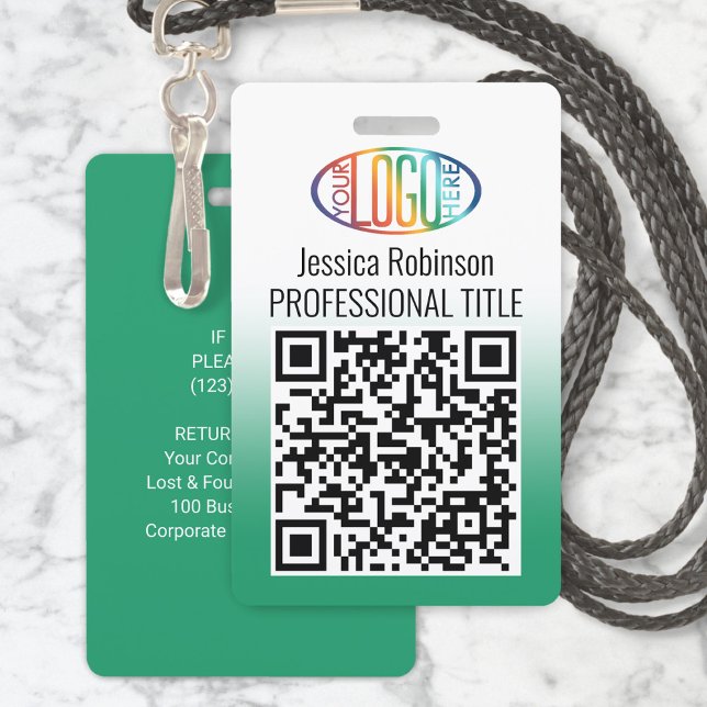 Your Logo, QR Code, Name and Title Green Gradient ID Badge (Creator Uploaded)