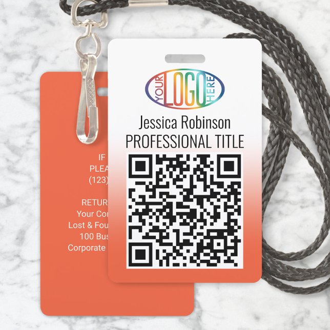 Your Logo, QR Code, Name and Title Orange Gradient ID Badge (Creator Uploaded)