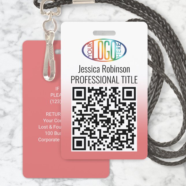 Your Logo, QR Code, Name and Title Pink Gradient ID Badge (Creator Uploaded)