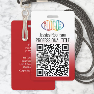 Your Logo, QR Code, Name and Title Red Gradient ID Badge