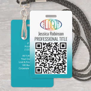 Your Logo, QR, Name and Title Teal Blue Gradient ID Badge