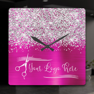 Your Logo Silver Glitter Hot Pink Glam Square Wall Clock