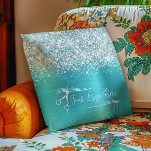 Your Logo Silver Glitter Turquoise Blue Glam Cushion