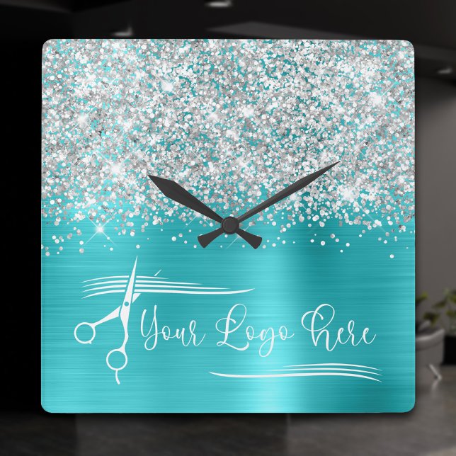 Your Logo Silver Glitter Turquoise Blue Glam Square Wall Clock (Your Logo Silver Glitter Turquoise Blue Glam Square Wall Clock)