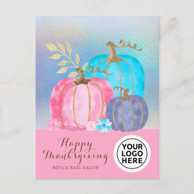 Your Logo Thanksgiving Pink Pumpkin Holiday Postcard (Front)