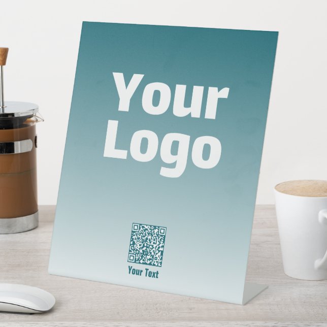 Your Logo w/Editable QR code & Gradient Ombre Pedestal Sign (In SItu)