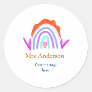 Your message e add text name rainbow teacher classic round sticker