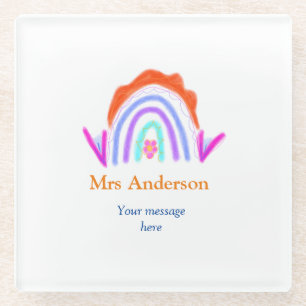 Your message e add text name rainbow teacher glass coaster