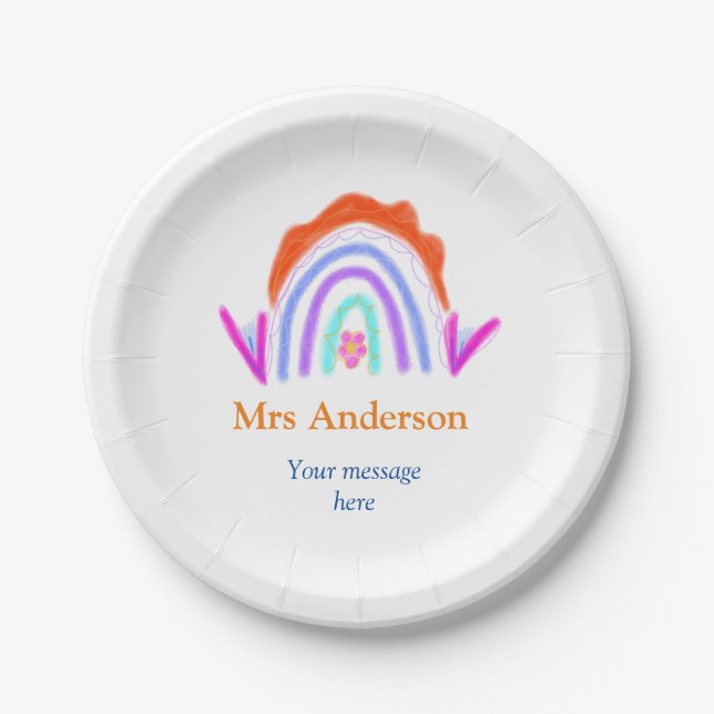 Your message e add text name rainbow teacher paper plate (Front)