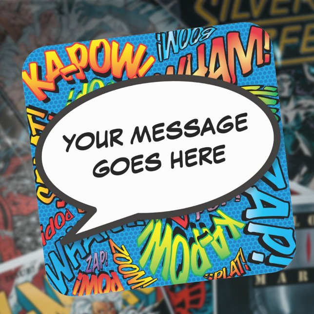 Your Message Speech Bubble Fun Retro Comic Book Square Sticker (Your Message Speech Bubble Fun Retro Comic Book Square Sticker)