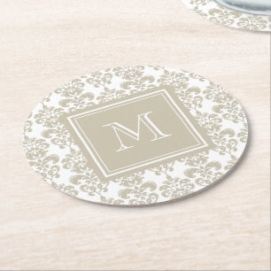 Your Monogram, Beige Damask Pattern 2 Round Paper Coaster