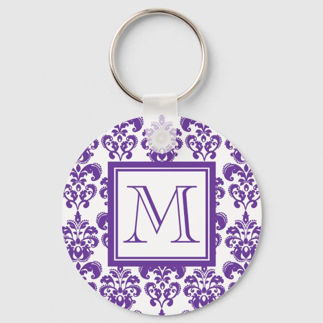 Your Monogram, Dark Purple Damask Pattern 2 Key Ring (Front)