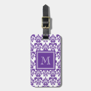 Your Monogram, Dark Purple Damask Pattern 2 Luggage Tag