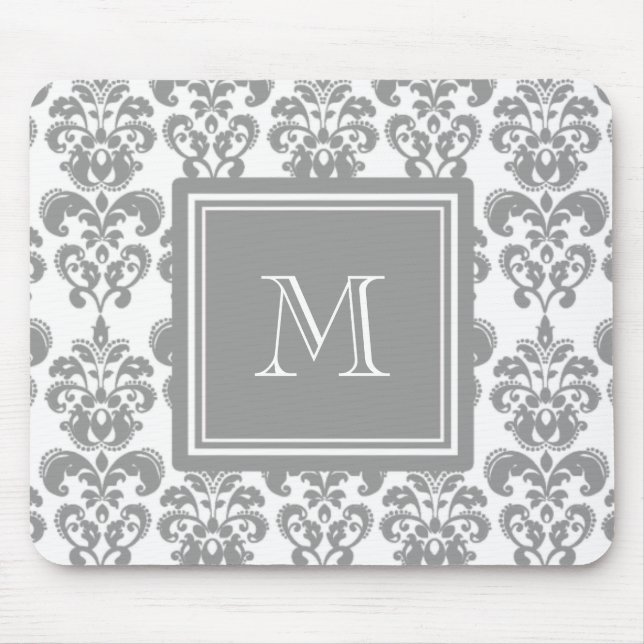 Your Monogram, Grey Damask Pattern 2 Mouse Pad (Front)