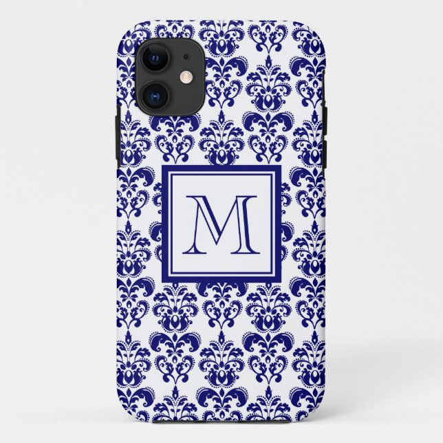 Your Monogram, Navy Blue Damask Pattern 2 Case-Mate iPhone Case (Back)